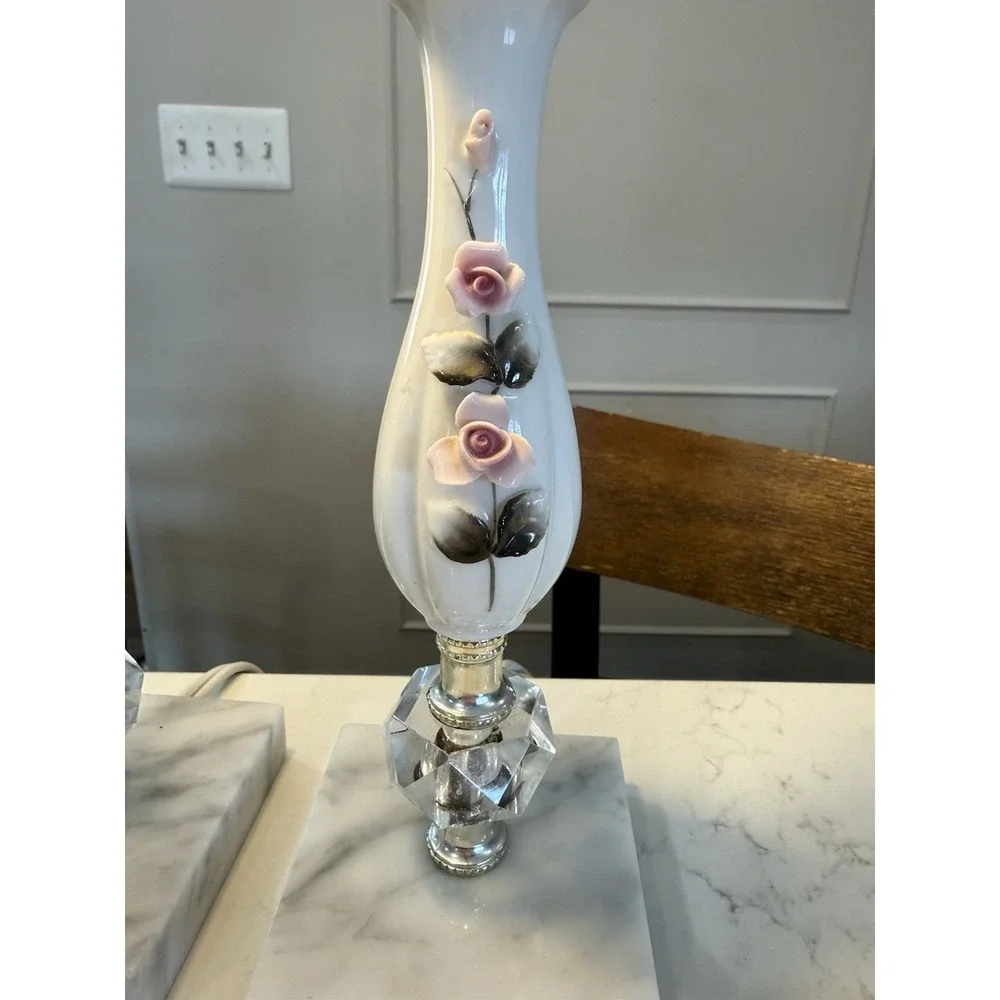 Vintage Porcelain Boudoir Lamps (2) Marble Base Roses Green Pink White Gold 50's